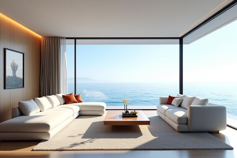 Interno lussuoso e moderno, con vista mare e arredi eleganti.